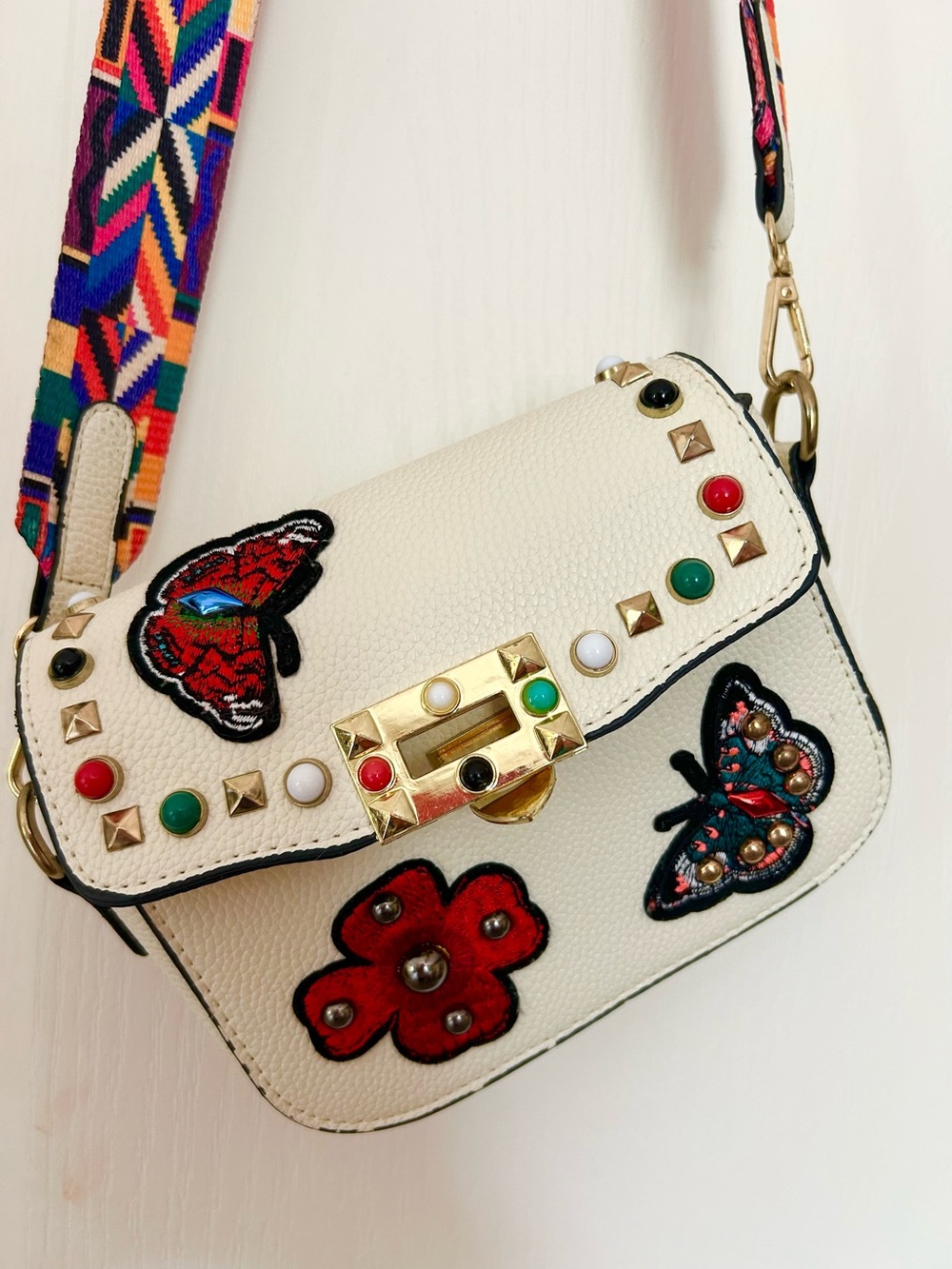Cream Crossbody Bag with Colorful Studs and Embroidered Appliqués